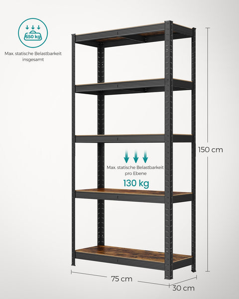Rootz Storage Rack - Shelving System - Organizer - Steel Frame - Wooden Shelves - Adjustable - Rust-Resistant - 150cm x 75cm x 30cm
