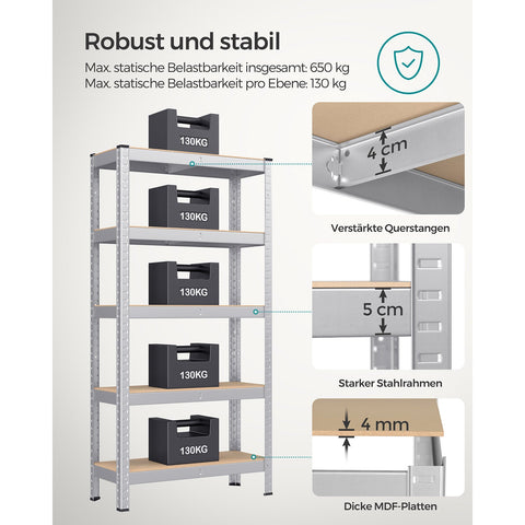 Rootz Heavy Duty Storage Rack - Shelving Unit - Metal Rack - Galvanized Steel - MDF - 30cm x 75cm x 150cm - 9.3kg - 130kg Shelf Capacity - 650kg Total Capacity