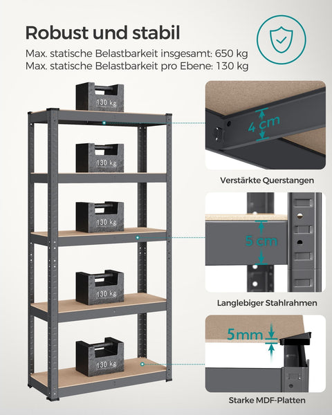 Rootz Steel Frame Heavy Duty Shelf - Gray Shelf - Adjustable Shelves - Galvanized Steel - MDF - 30cm x 75cm x 150cm
