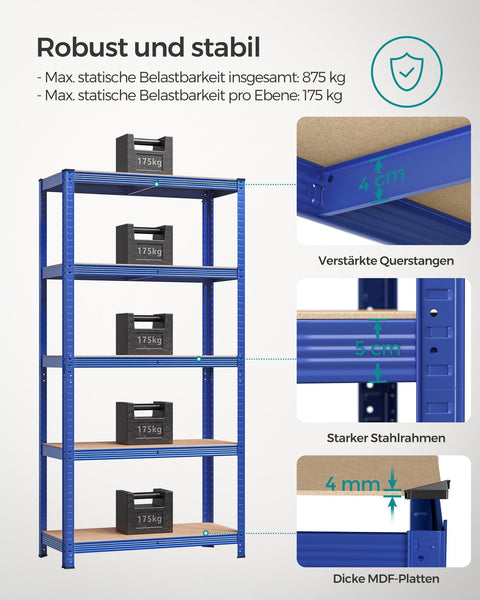 Rootz Storage Rack - Shelving Unit - Garage Organizer - Strong Support - 180cm x 90cm x 40cm - Blue