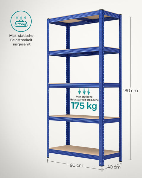Rootz Storage Rack - Shelving Unit - Garage Organizer - Strong Support - 180cm x 90cm x 40cm - Blue