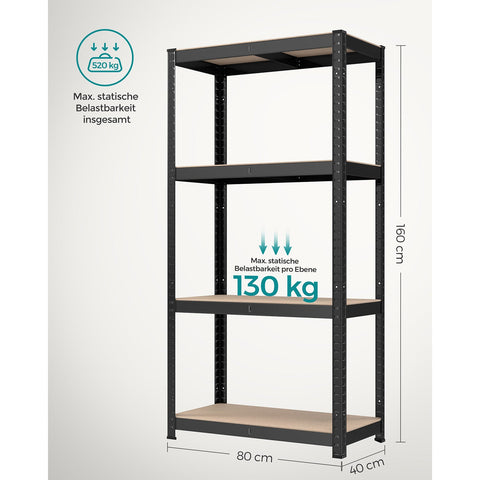 Rootz Heavy Duty Storage Rack - Black Metal Shelf - Organizer Stand - Powder-coated Steel - MDF - 40cm x 80cm x 160cm - 10.5kg - 130kg Capacity - Garage, Kitchen, Office Storage Solution