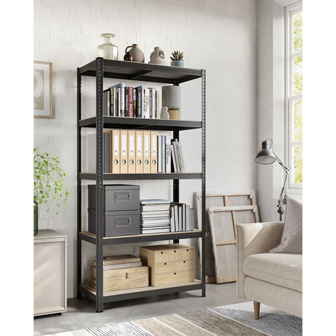 Rootz 3 Tier Stand Shelf - Storage Rack - Organizer - Steel and MDF - Greige Black - 50cm x 100cm x 200cm - Heavy Duty - Easy Assembly - Anti-tip Feature
