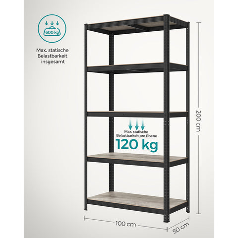 Rootz 3 Tier Stand Shelf - Storage Rack - Organizer - Steel and MDF - Greige Black - 50cm x 100cm x 200cm - Heavy Duty - Easy Assembly - Anti-tip Feature
