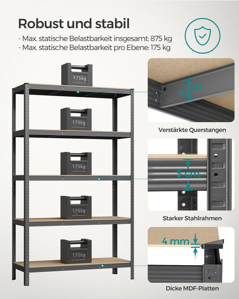 Rootz Gray Storage Rack - Shelving Unit - Organizer - Powder-coated Steel - MDF - Heavy Duty - 60cm x 120cm x 200cm