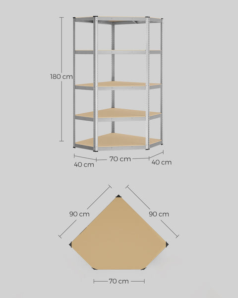 Rootz Heavy Duty Corner Shelf - Storage Rack - Galvanized Steel - MDF - Natural Beige - 90cm x 90cm x 180cm - Supports 875kg
