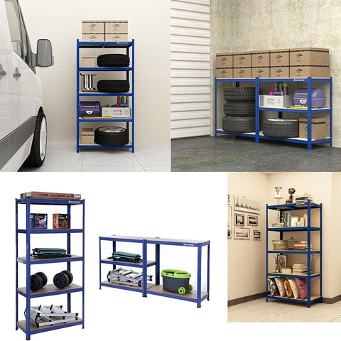 Rootz Cellar Shelves Set - Storage Rack - Metal Shelving - Heavy Duty - 40cm x 80cm x 160cm - Blue - Steel & MDF - 130kg Capacity
