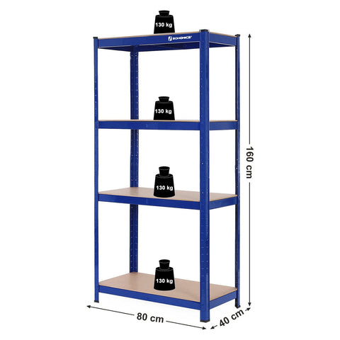 Rootz Cellar Shelves Set - Storage Rack - Metal Shelving - Heavy Duty - 40cm x 80cm x 160cm - Blue - Steel & MDF - 130kg Capacity