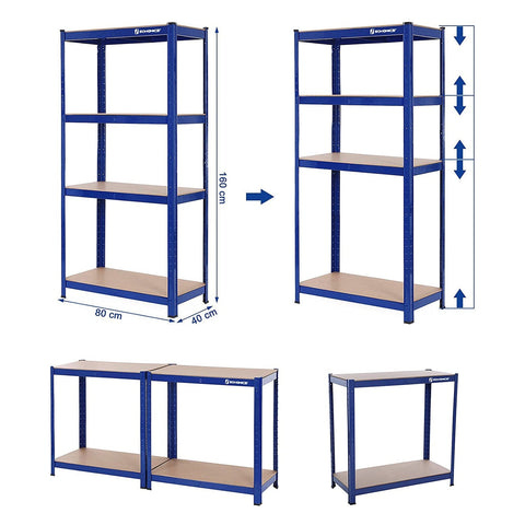 Rootz Cellar Shelves Set - Storage Rack - Metal Shelving - Heavy Duty - 40cm x 80cm x 160cm - Blue - Steel & MDF - 130kg Capacity