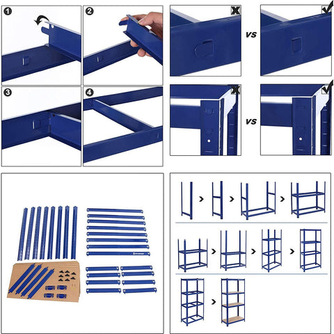Rootz Cellar Shelves Set - Storage Rack - Metal Shelving - Heavy Duty - 40cm x 80cm x 160cm - Blue - Steel & MDF - 130kg Capacity