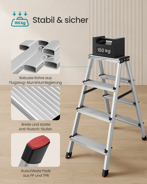 Rootz Aluminum Step Ladder - Foldable Ladder - Non-Slip Steps - Lightweight Design - 78cm x 42cm x 81.5cm