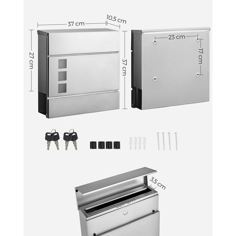 Rootz Stainless Steel Mailbox - Letterbox - Postbox - Durable Construction - Secure Lock - Weatherproof - 37cm x 10.5cm x 37cm