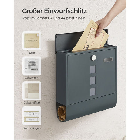 Rootz Anthracite Mailbox - Letterbox - Postbox - Galvanized Steel - Copper Lock Cylinder - Weatherproof - 11cm x 37cm x 37cm
