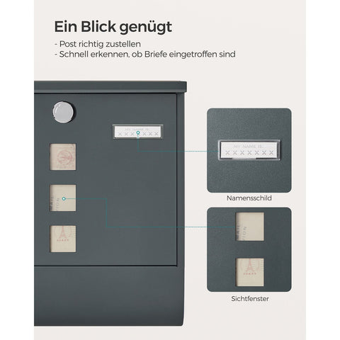 Rootz Anthracite Mailbox - Letterbox - Postbox - Galvanized Steel - Copper Lock Cylinder - Weatherproof - 11cm x 37cm x 37cm
