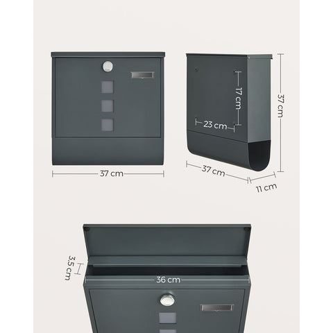 Rootz Anthracite Mailbox - Letterbox - Postbox - Galvanized Steel - Copper Lock Cylinder - Weatherproof - 11cm x 37cm x 37cm