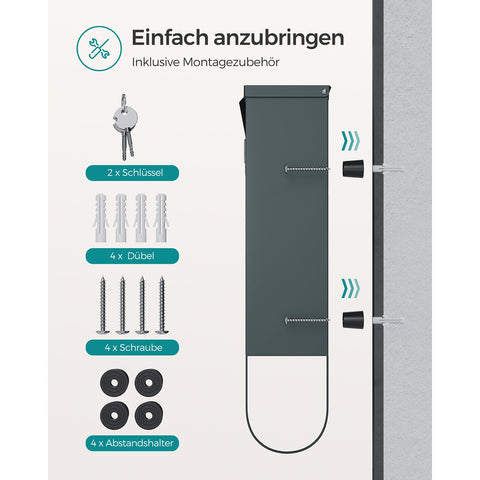 Rootz Anthracite Mailbox - Letterbox - Postbox - Galvanized Steel - Copper Lock Cylinder - Weatherproof - 11cm x 37cm x 37cm