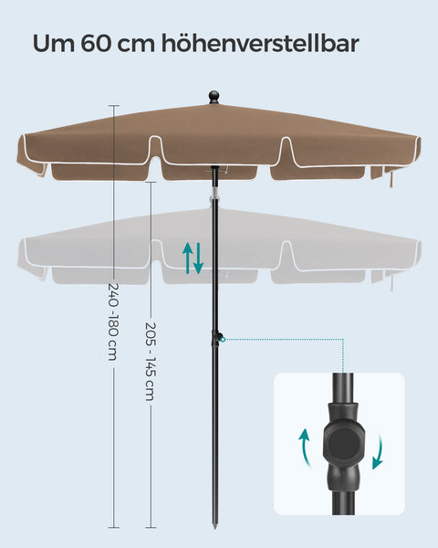 Rootz Outdoor Patio Umbrella - Sun Shade - Sun Shelter - Steel Frame - Polyester Fabric - 200cm x 125cm - Adjustable Height - Lightweight - Walnut Brown - 2.9kg