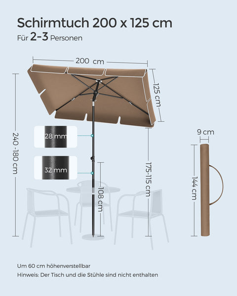 Rootz Outdoor Patio Umbrella - Sun Shade - Sun Shelter - Steel Frame - Polyester Fabric - 200cm x 125cm - Adjustable Height - Lightweight - Walnut Brown - 2.9kg