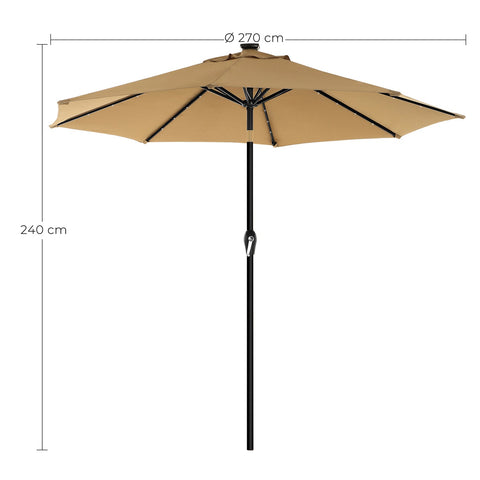 Rootz Solar LED Patio Umbrella - Outdoor Parasol - Sunshade - Romantic Lighting - UV Protection - 2.7m Diameter - Taupe - Metal Pole - 180 g/m² Polyester Fabric - 6.3kg - 180cm x 180cm x 240cm