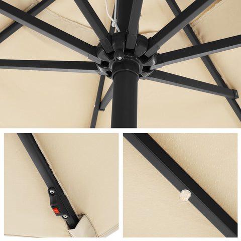 Rootz 2.7m LED Lighted Patio Umbrella - Outdoor Parasol - Sun Shade - Romantic Atmosphere - UV Protection - 180 g/m² Polyester Fabric - 270cm x 270cm x 73.5cm