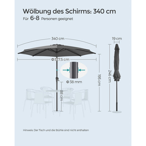Rootz Gray Metal Pole Patio Umbrella - Outdoor Sun Shade - Market Umbrella - Sturdy Construction - UV Protection - Easy Assembly - 38mm x 246cm x 327.5cm
