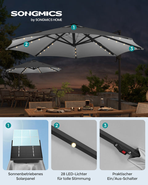 Rootz Cantilever Umbrella - Patio Umbrella - Outdoor Umbrella - Steel Frame - 180 g/m2 Polyester - Ø 300cm - 240cm Height - Dove Gray - 15.3kg - Solar Panel - Cross Base - Instructions
