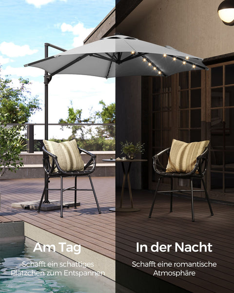 Rootz Cantilever Umbrella - Patio Umbrella - Outdoor Umbrella - Steel Frame - 180 g/m2 Polyester - Ø 300cm - 240cm Height - Dove Gray - 15.3kg - Solar Panel - Cross Base - Instructions
