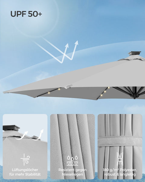 Rootz Cantilever Umbrella - Patio Umbrella - Outdoor Umbrella - Steel Frame - 180 g/m2 Polyester - Ø 300cm - 240cm Height - Dove Gray - 15.3kg - Solar Panel - Cross Base - Instructions