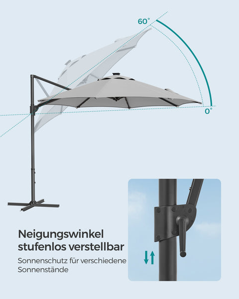 Rootz Cantilever Umbrella - Patio Umbrella - Outdoor Umbrella - Steel Frame - 180 g/m2 Polyester - Ø 300cm - 240cm Height - Dove Gray - 15.3kg - Solar Panel - Cross Base - Instructions