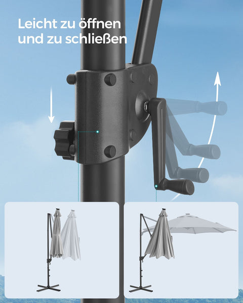 Rootz Cantilever Umbrella - Patio Umbrella - Outdoor Umbrella - Steel Frame - 180 g/m2 Polyester - Ø 300cm - 240cm Height - Dove Gray - 15.3kg - Solar Panel - Cross Base - Instructions