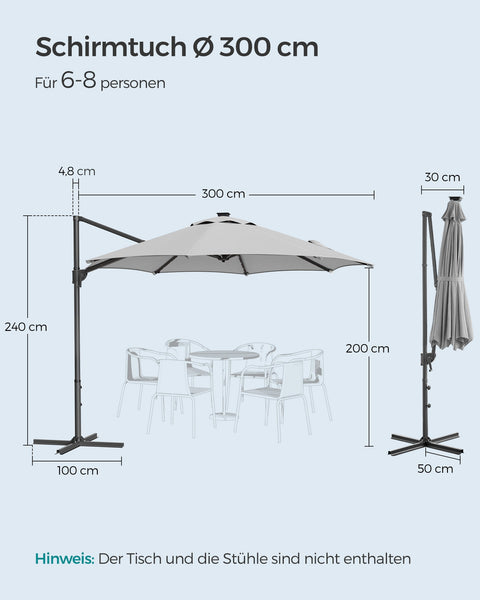 Rootz Cantilever Umbrella - Patio Umbrella - Outdoor Umbrella - Steel Frame - 180 g/m2 Polyester - Ø 300cm - 240cm Height - Dove Gray - 15.3kg - Solar Panel - Cross Base - Instructions