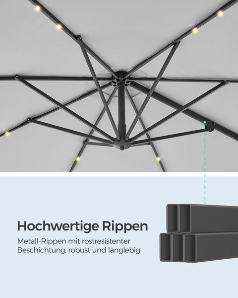 Rootz Cantilever Umbrella - Patio Umbrella - Outdoor Umbrella - Steel Frame - 180 g/m2 Polyester - Ø 300cm - 240cm Height - Dove Gray - 15.3kg - Solar Panel - Cross Base - Instructions