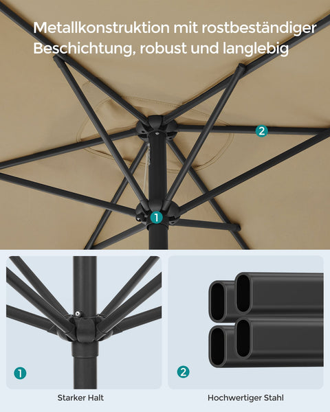 Rootz Taupe Steel Frame Parasol - Sun Umbrella - Outdoor Shade - Polyester Fabric - 200cm x 150cm - 220cm Height - 38mm Pole - Lightweight 4.3kg - Easy Assembly - UV Protection - Wind Resistant