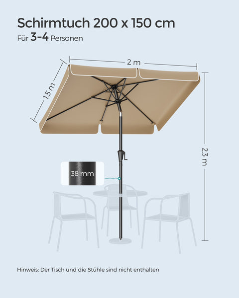 Rootz Taupe Steel Frame Parasol - Sun Umbrella - Outdoor Shade - Polyester Fabric - 200cm x 150cm - 220cm Height - 38mm Pole - Lightweight 4.3kg - Easy Assembly - UV Protection - Wind Resistant