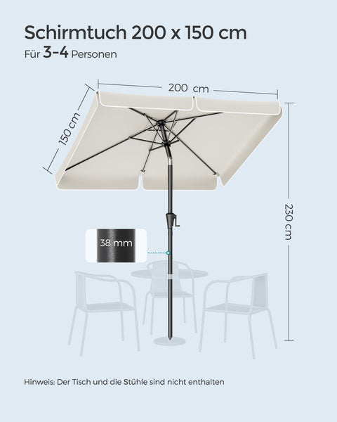 Rootz Beige Steel Frame Parasol - Sun Umbrella - Outdoor Shade - Polyester Fabric - 200cm x 150cm - 220cm Height - 38mm Pole - Lightweight 4.3kg - Includes Instructions