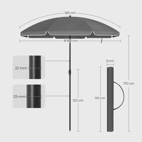 Rootz Beach Parasol - Folding Umbrella - Sunshade - UPF 50+ Protection - 1.6m Diameter - 1.8m Curve Length - Lightweight and Portable
