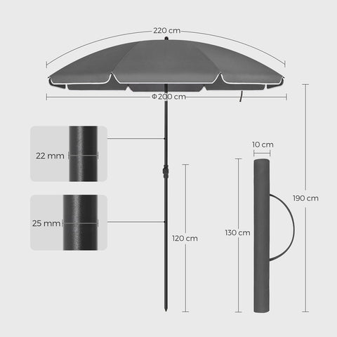 Rootz Beach Umbrella - Parasol - Foldable Sunshade - UPF 50+ UV Protection - Ø 200 cm - 2.2 m Curve Length