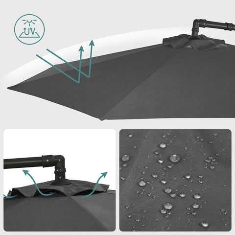 Rootz 3m Gray Patio Umbrella - Outdoor Sun Shade - Metal Pole - Powder Coated - 180g/m2 Polyester Fabric - 2.45m Height - 13.5kg - Parasol Stand Instructions