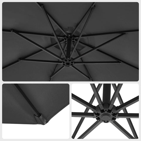 Rootz 3m Gray Patio Umbrella - Outdoor Sun Shade - Metal Pole - Powder Coated - 180g/m2 Polyester Fabric - 2.45m Height - 13.5kg - Parasol Stand Instructions