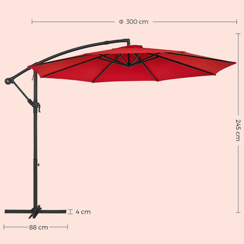 Rootz Red 3m Parasol - Sun Umbrella - Outdoor Shade - Metal Pole - Powder Coated - 180g/m2 Polyester Fabric - 2.45m Height - 13.5kg - 3m Diameter - Includes Stand and Instructions