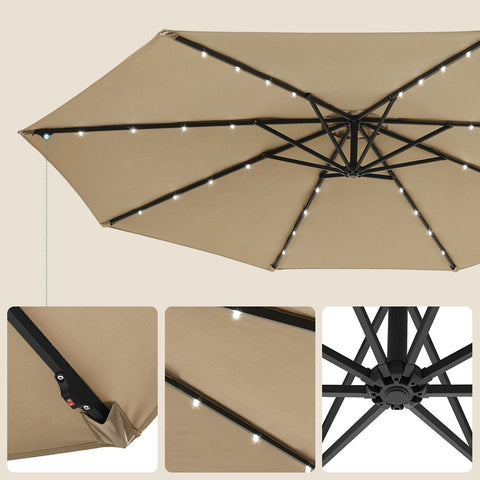 Rootz Solar Parasol - Patio Umbrella - Outdoor Sunshade - Powder-Coated Metal Rod - 180g/m2 Polyester Fabric - 3m Diameter - 2.45m Height - Taupe - 14.1kg - Includes Solar Panel and Cross Base - Assembly Instructions Included