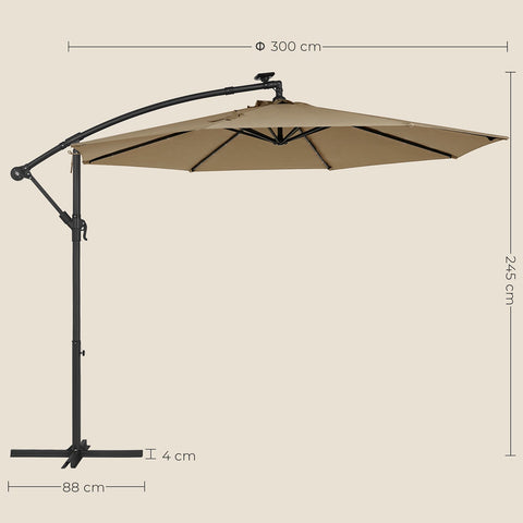 Rootz Solar Parasol - Patio Umbrella - Outdoor Sunshade - Powder-Coated Metal Rod - 180g/m2 Polyester Fabric - 3m Diameter - 2.45m Height - Taupe - 14.1kg - Includes Solar Panel and Cross Base - Assembly Instructions Included
