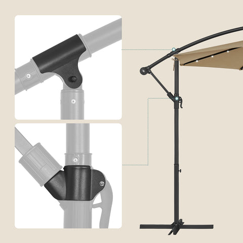 Rootz Solar Parasol - Patio Umbrella - Outdoor Sunshade - Powder-Coated Metal Rod - 180g/m2 Polyester Fabric - 3m Diameter - 2.45m Height - Taupe - 14.1kg - Includes Solar Panel and Cross Base - Assembly Instructions Included