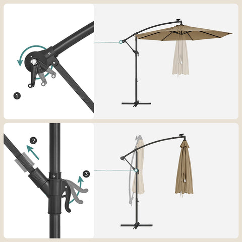 Rootz Solar Parasol - Patio Umbrella - Outdoor Sunshade - Powder-Coated Metal Rod - 180g/m2 Polyester Fabric - 3m Diameter - 2.45m Height - Taupe - 14.1kg - Includes Solar Panel and Cross Base - Assembly Instructions Included