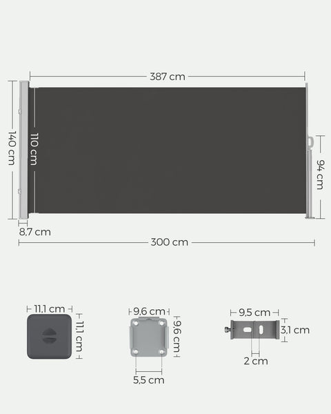 Rootz Side Awning - Retractable Shade - Steel Box - Rust-Resistant - Extendable - Anthracite - 140cm x 300cm - 6.4kg