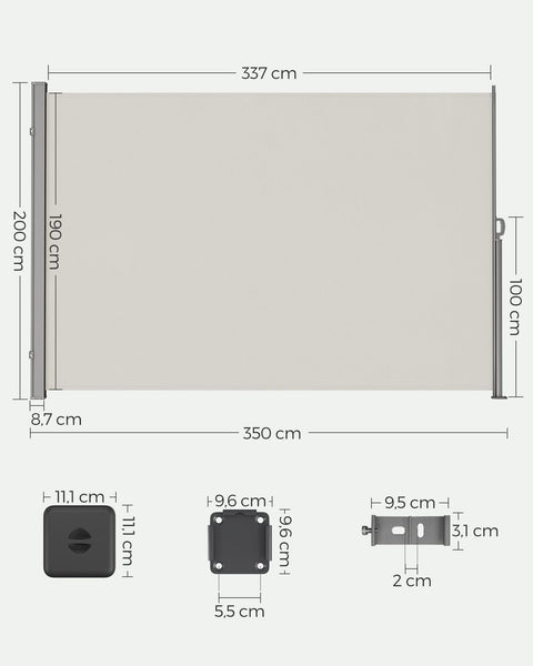 Rootz Extendable Side Awning - Privacy Screen - Sunshade - UV Protection - 200cm x 350cm