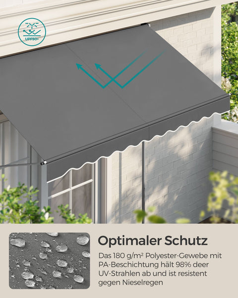 Rootz Anthracite Clamp Awning with Crank - Outdoor Canopy - Sun Shade - Powder-coated Steel - Aluminum Alloy - Polyester - Adjustable Height - Easy Crank Operation - Lightweight - 250cm x 120cm - 220-300cm Height - 8.8kg - Includes Instructions