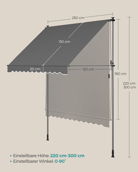 Rootz Anthracite Clamp Awning with Crank - Outdoor Canopy - Sun Shade - Powder-coated Steel - Aluminum Alloy - Polyester - Adjustable Height - Easy Crank Operation - Lightweight - 250cm x 120cm - 220-300cm Height - 8.8kg - Includes Instructions