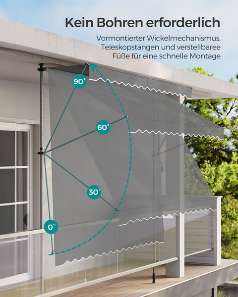 Rootz Anthracite Clamp Awning with Crank - Outdoor Canopy - Sun Shade - Powder-coated Steel - Aluminum Alloy - Polyester - Adjustable Height - Easy Crank Operation - Lightweight - 250cm x 120cm - 220-300cm Height - 8.8kg - Includes Instructions