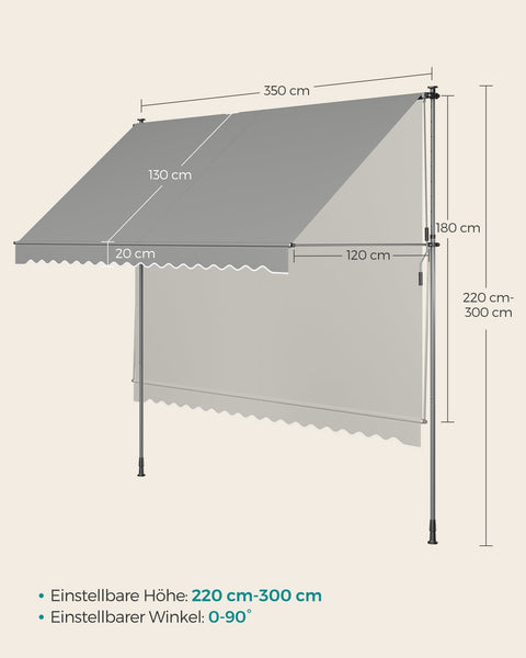 Rootz Clamp Awning with Hand Crank - Sunshade Canopy - Retractable Outdoor Awning - Aluminum Alloy - 350cm x 120cm - Gray